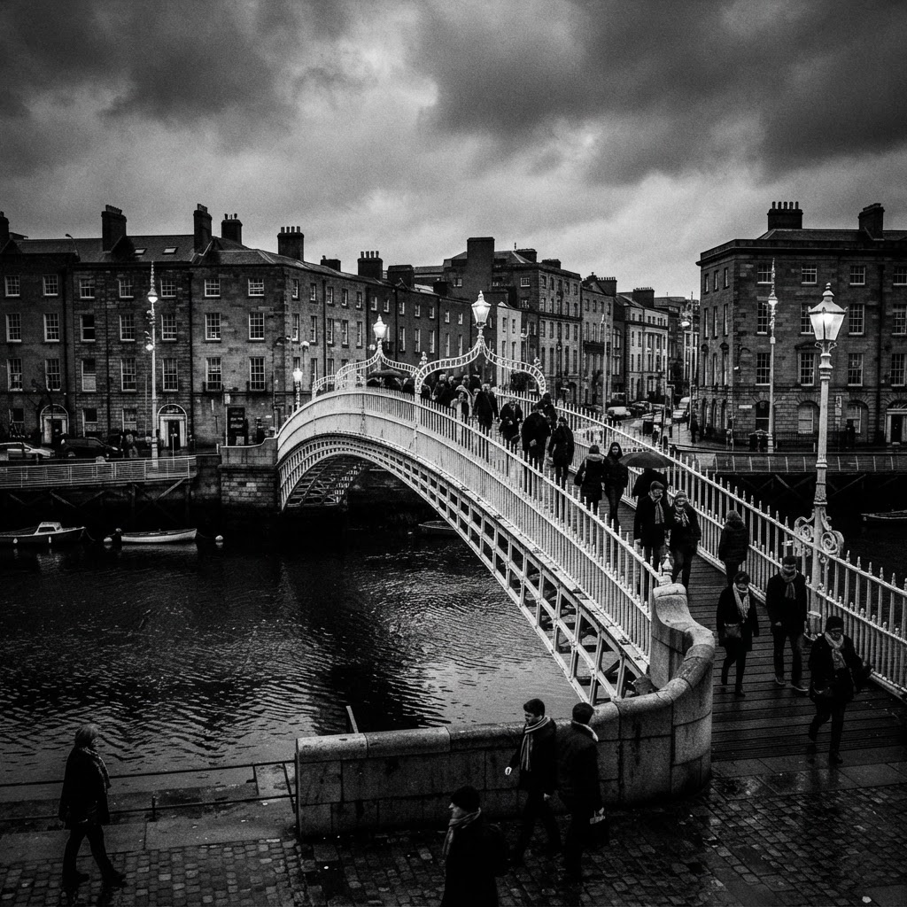Black and white photograph of the Ha'penny Bridge over the River Liffey in Dublin, Ireland