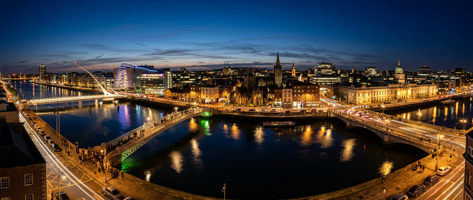 Dublin city skyline at night along the River Liffey
